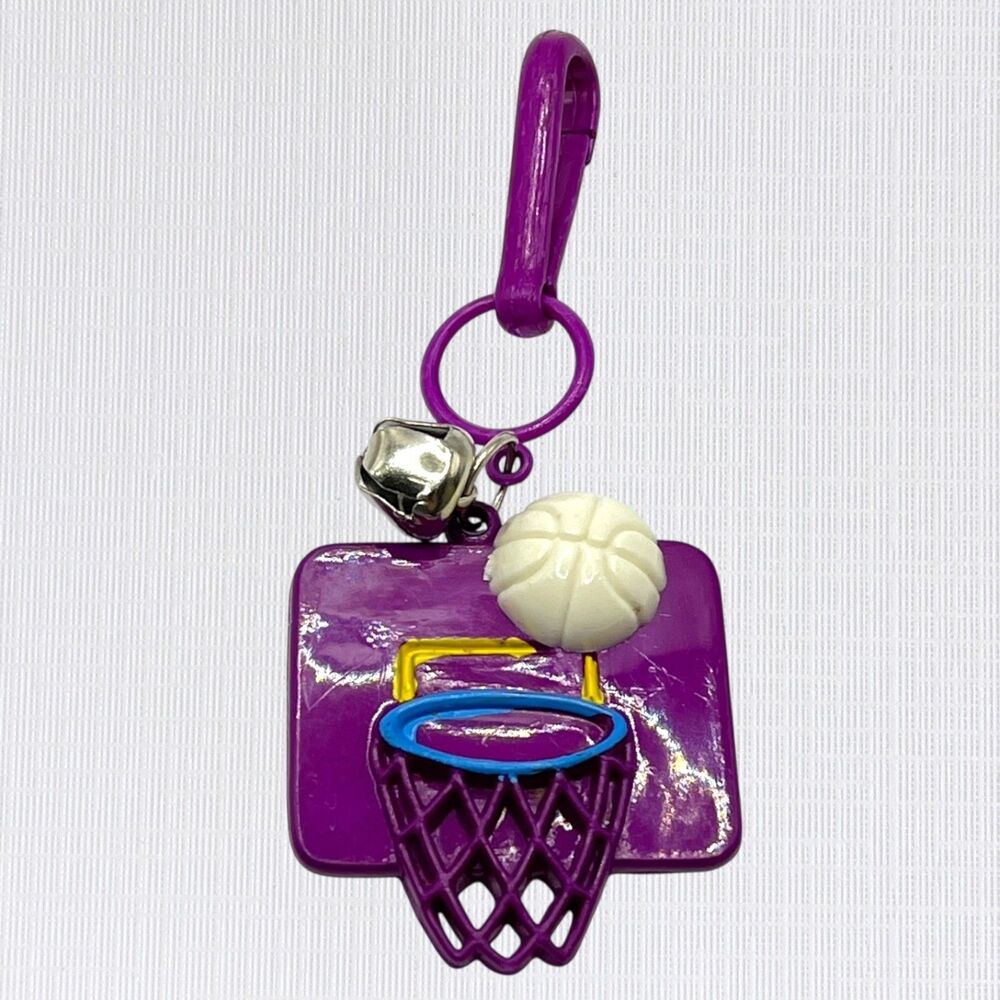 Vintage 80s Bell Charm Clip On Toy Purple Basketball Hoop Goal Plastic Jewelry